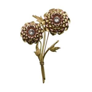 1950s LEO GLASS Rose & Yellow Gold-Plate Rhinestone Flower Statement Brooch